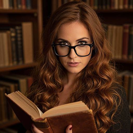 Photograph of a brunette woman with wavy hair, black glasses, and black top, reading a book in a dimly lit library.
