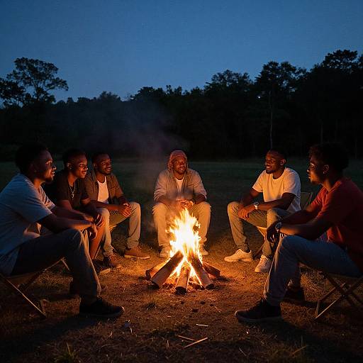 Photograph of seven Black men sitting around a glowing campfire at dusk, wearing casual clothes, in a grassy field with trees in the background.