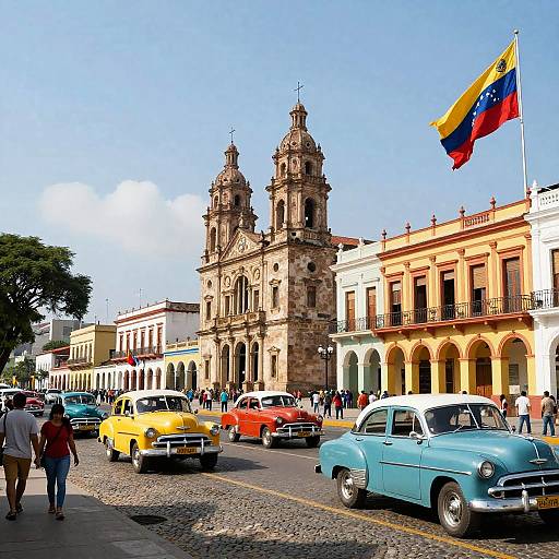 Vibrant photograph of a Cuban street with vintage cars, colorful buildings, and a waving Colombian flag in front of a baroque church.