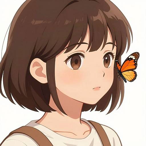 Anime-style digital drawing of a young girl with short brown hair, large brown eyes, and a white shirt, looking at an orange and black butterfly.