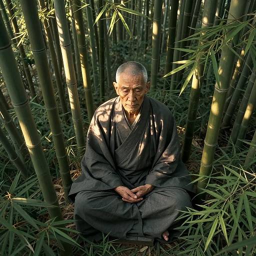 Photograph of an elderly Asian man with shaved head, wearing a dark robe, seated cross-legged among tall bamboo stalks, sunlight filtering through leaves.