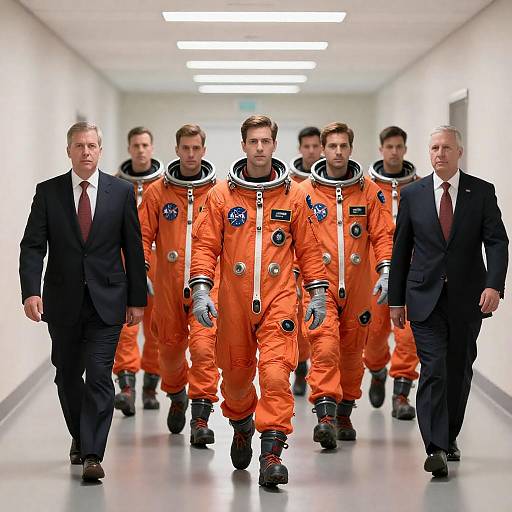 Men in Spacesuits and Dark Suits