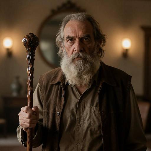 Wise Old Man in Dimly Lit Room