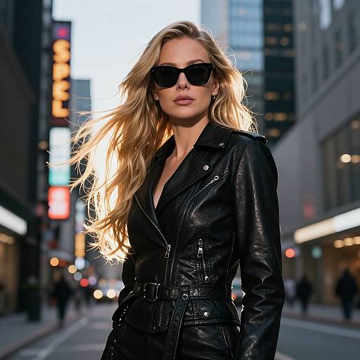 Photograph of a blonde woman with long, wavy hair, wearing black sunglasses, a black leather jacket, and standing confidently on a city street at