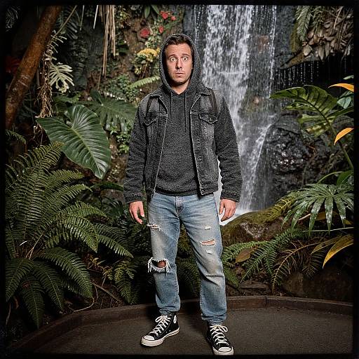 Photograph of a young man with short brown hair, wearing a black hoodie, denim jacket, ripped jeans, and black Converse, standing in front