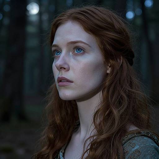 Photograph of a pale-skinned, red-haired woman with blue eyes, wearing a dark, patterned top, standing in a dimly lit forest