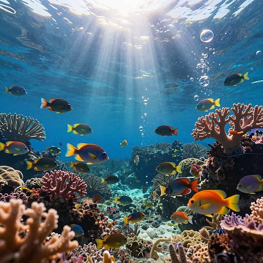 Vibrant underwater photograph of sunlit ocean, featuring colorful fish swimming among diverse coral reefs, with sunlight rays penetrating the blue water.