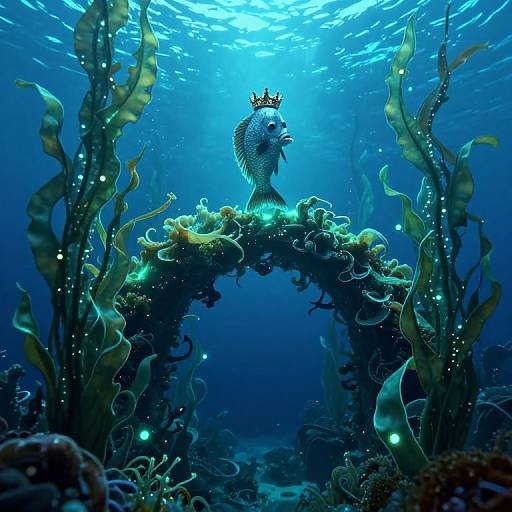 Digital artwork of a regal, blue-spiked fish with a crown, sitting atop a coral arch surrounded by glowing seaweed in a vibrant, underwater