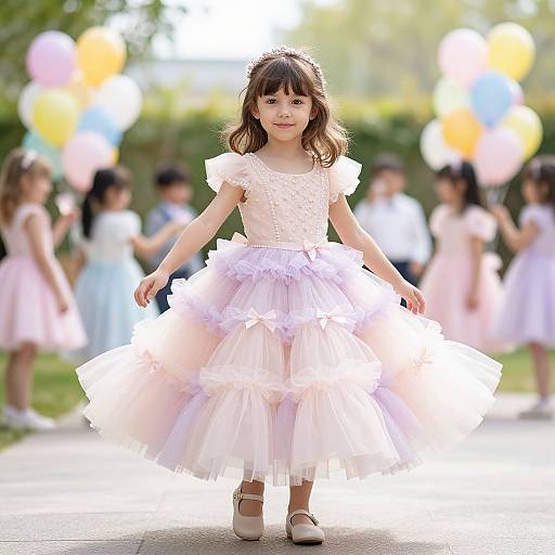 Photograph of a young Asian girl in a pink, ruffled, tiered dress with white shoes, standing outdoors among blurred children and colorful balloons,
