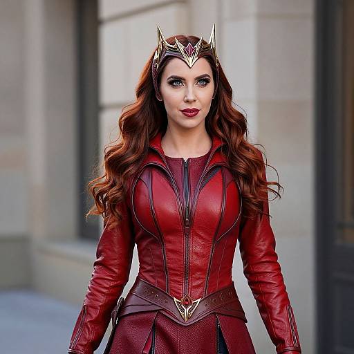 Photograph of a woman with long red hair, wearing a red leather superhero costume with black accents, and a gold crown, standing in front of a