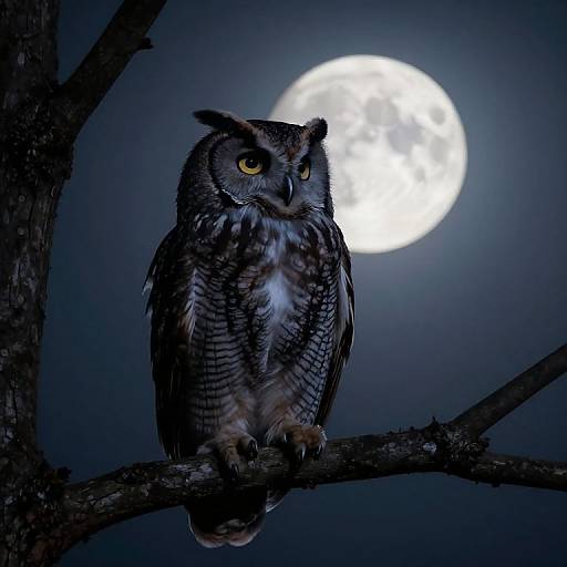 Photograph of a detailed, realistic owl with dark brown and white feathers, yellow eyes, perched on a branch against a bright full moon in a