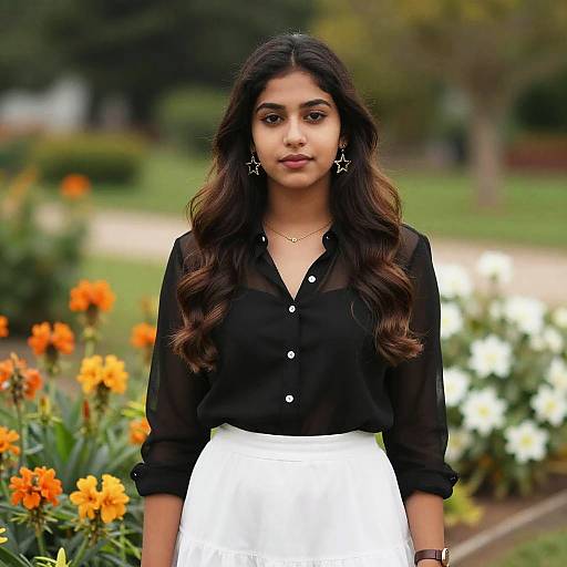 Photograph of a young South Asian woman with long wavy black hair, wearing a black sheer blouse and white skirt, standing in a garden with orange