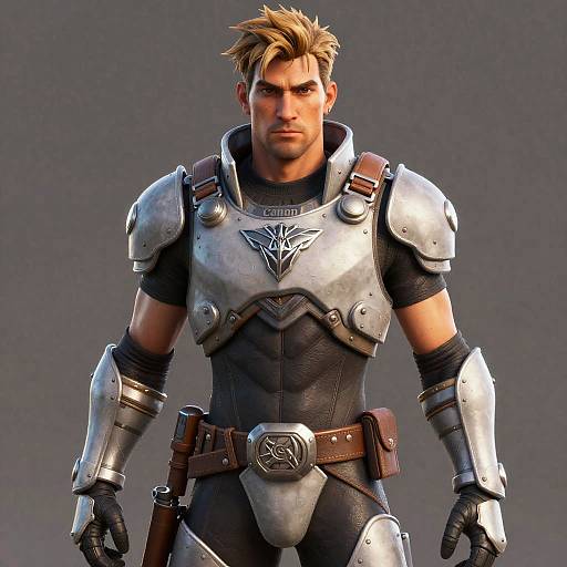 CGI image of a muscular, blonde-haired man in silver armor with black leather accents, wearing a dark shirt and brown belt.