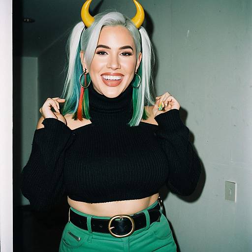 Colorful Horned Girl in Black Turtleneck