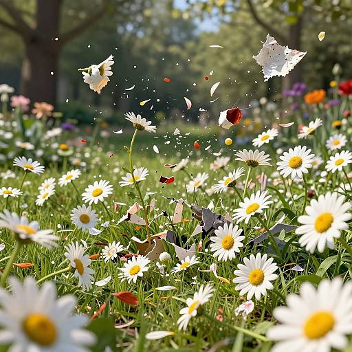 Photograph of a sunlit meadow filled with white daisies, red poppies, and scattered butterfly wings, with a blurred green forest background