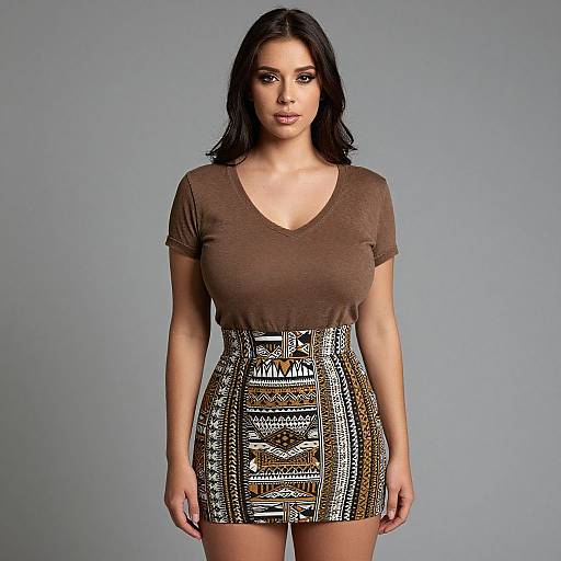 Photograph of a woman with dark hair, brown v-neck top, and high-waisted, patterned mini skirt, standing against a plain gray