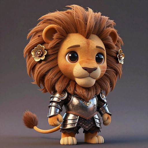 Cute, digital CGI chibi lion with large eyes, wearing shiny silver armor, and two flower hairpins, standing against a gradient gray background.