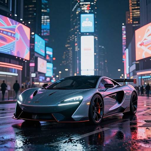 Photorealistic digital artwork: sleek, silver, sports car with neon headlights in a rain-soaked, neon-lit, futuristic city street at night