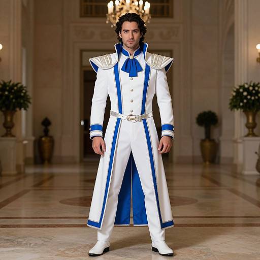 Photograph of a man with wavy black hair, wearing an ornate white and blue military-style coat, standing in a grand, marble-flo