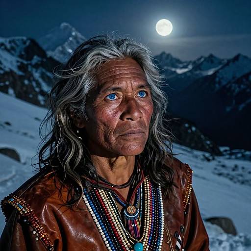 Photograph of an elderly Native American woman with striking blue eyes, long gray hair, wearing a brown leather jacket adorned with colorful bead necklaces, set