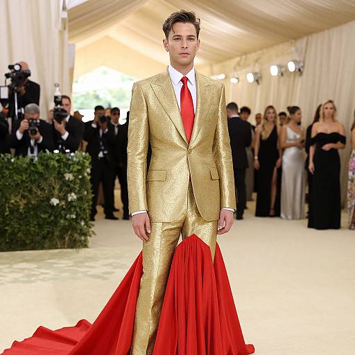 Photograph of a young, handsome man in a gold sequin suit with a red tie and red, floor-length skirt, striding down a white