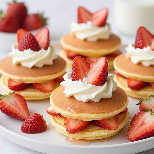 Photograph of stacked pancakes topped with whipped cream and fresh strawberries, surrounded by additional strawberries on a white plate.