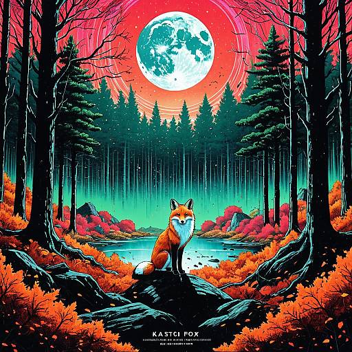 Mystic Fox in Autumn Forest Under Full Moon