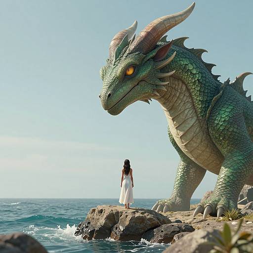 CGI image of a small woman in a white dress standing on a rock, facing a massive, green-scaled dragon by the ocean. Bright sunlight