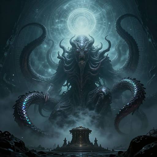 Digital fantasy artwork: Dark, menacing, tentacled creature with glowing blue eyes and intricate horns looms over a misty, ancient temple under a