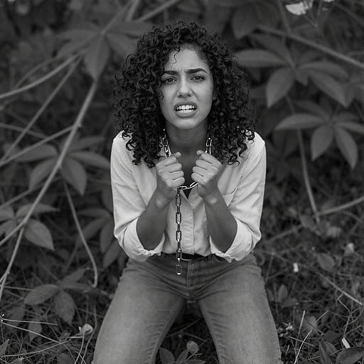 Black-and-White Distressed Woman in Foliage
