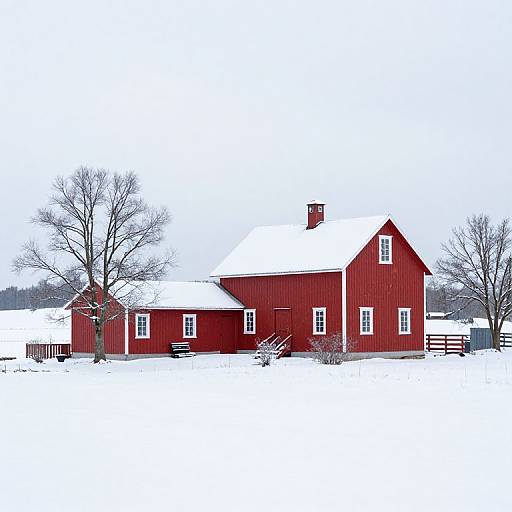 Photograph of a red barn with a snow-covered roof, surrounded by snow, bare trees, and a white-washed fence. Wintery rural