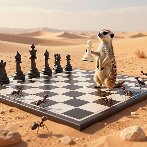 Photograph of a meerkat standing on a desert chessboard, moving a white pawn with ants and large black chess pieces around.