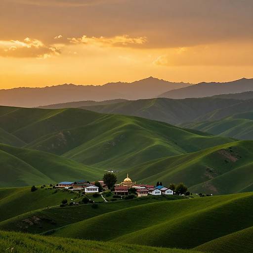 Photograph of a small village with white and red buildings, centered on green rolling hills, under a golden sunset sky. Mountains in the background create a