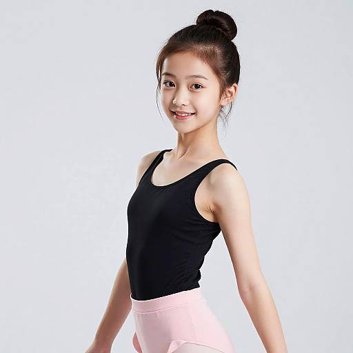Photograph of a young Asian girl with fair skin, black bun hairstyle, black tank top, and pink leotard, smiling against a white background