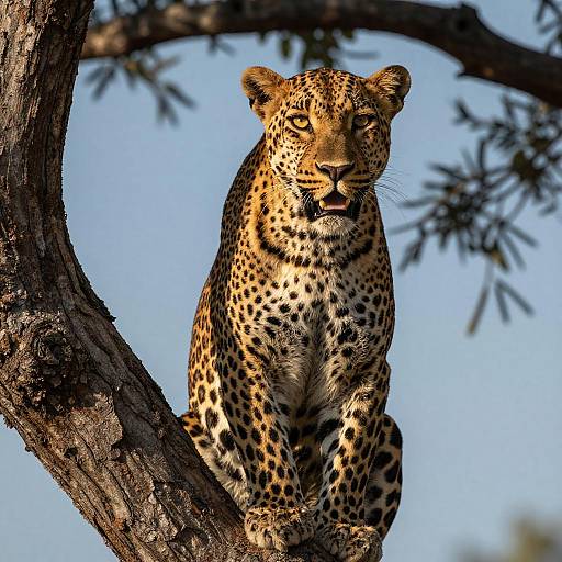 Leopard in Tree Bathed in Sunlight