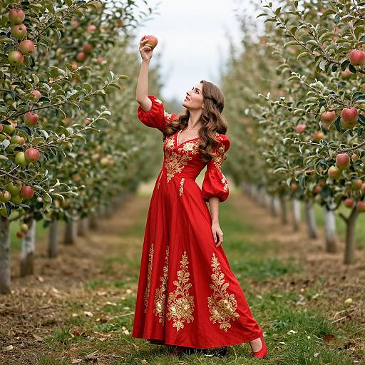 Photograph of a woman in a red floral dress, reaching for an apple in a symmetrical orchard with rows of apple trees.