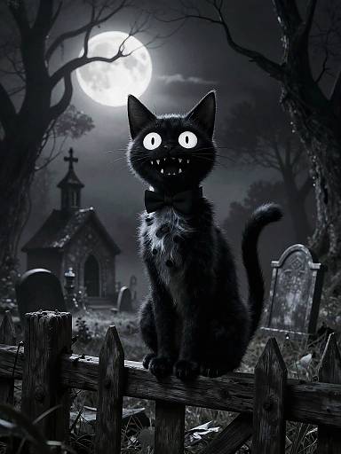 Digital drawing of a glowing-eyed black cat sitting on a wooden fence in a spooky, moonlit graveyard with tombstones and a small church.