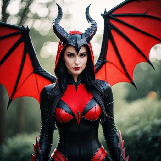 Female Cosplayer in Red and Black Demon Costume