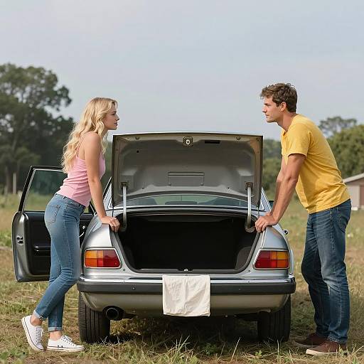 Young Couple with Vintage Car Trunk Open