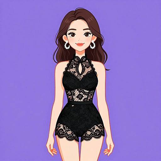 Elegant Woman in Black Lace Romper