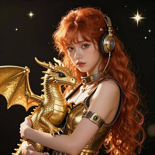 Digital artwork of a red-haired girl with headphones, holding a gold dragon, against a dark starry background. Fantasy, sci-fi style.
