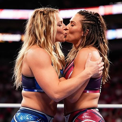 Photograph of two muscular women with long hair, kissing in a wrestling ring; both wear patriotic sports bras and pants, arms wrapped around each other.
