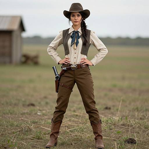 Photograph of a confident, young woman in cowboy attire, standing with hands on hips in a grassy field, wearing brown pants, vest, hat