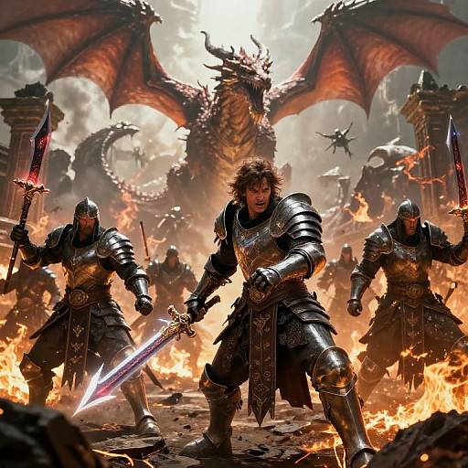Digital fantasy artwork of three armored warriors with glowing swords, facing a massive dragon with fiery wings amidst a battle-scarred castle.