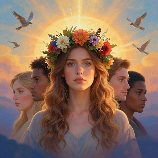 Photorealistic digital art of a serene, fair-skinned woman with wavy auburn hair and a colorful flower crown, surrounded by four diverse