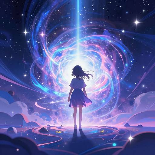 Girl on Illuminated Cosmic Terrain