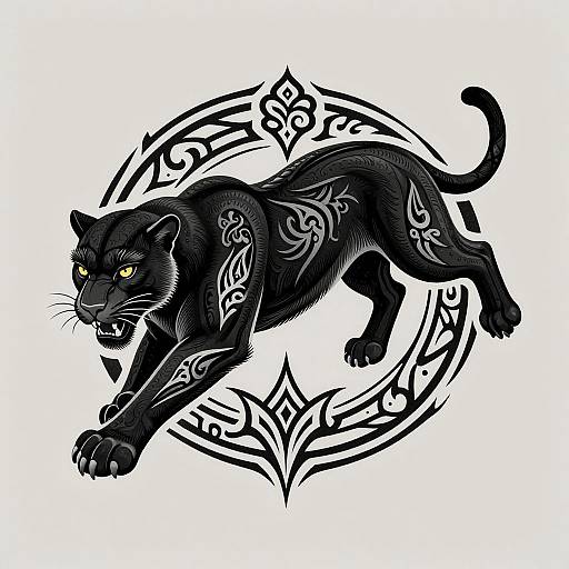 Digital illustration of a black panther with intricate white tribal tattoos, mid-leap, surrounded by a matching ornate circular design.