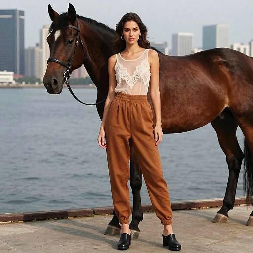 Elegant Woman on Pier in Dark Horse Style