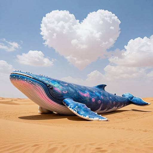 Digital artwork of a vibrant blue whale with pink and purple patterns lying on a sunlit, sandy desert under a bright blue sky with fluffy white clouds.