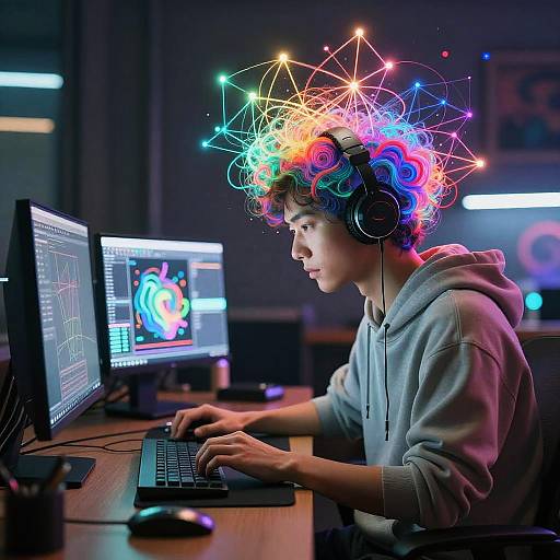 Futuristic Digital Artist in Cyberpunk Studio